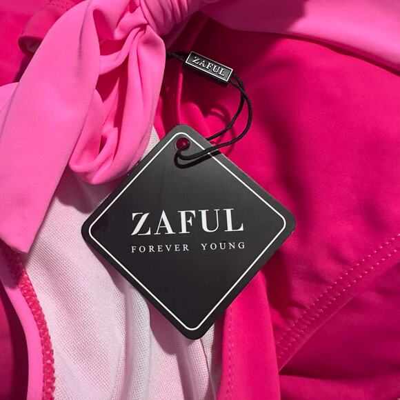Zaful Pink One Shoulder Bikini Set Bow Tie Top High Waist Bottoms Woman’s Large - Picture 5 of 6